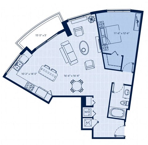 Floor plan for 1 bed, 1 bath, 922 sqft